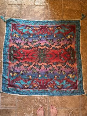 Johnny Was Multicolor Floral Silk Scarf - Teal, Red, Purple, Blue, Yellow